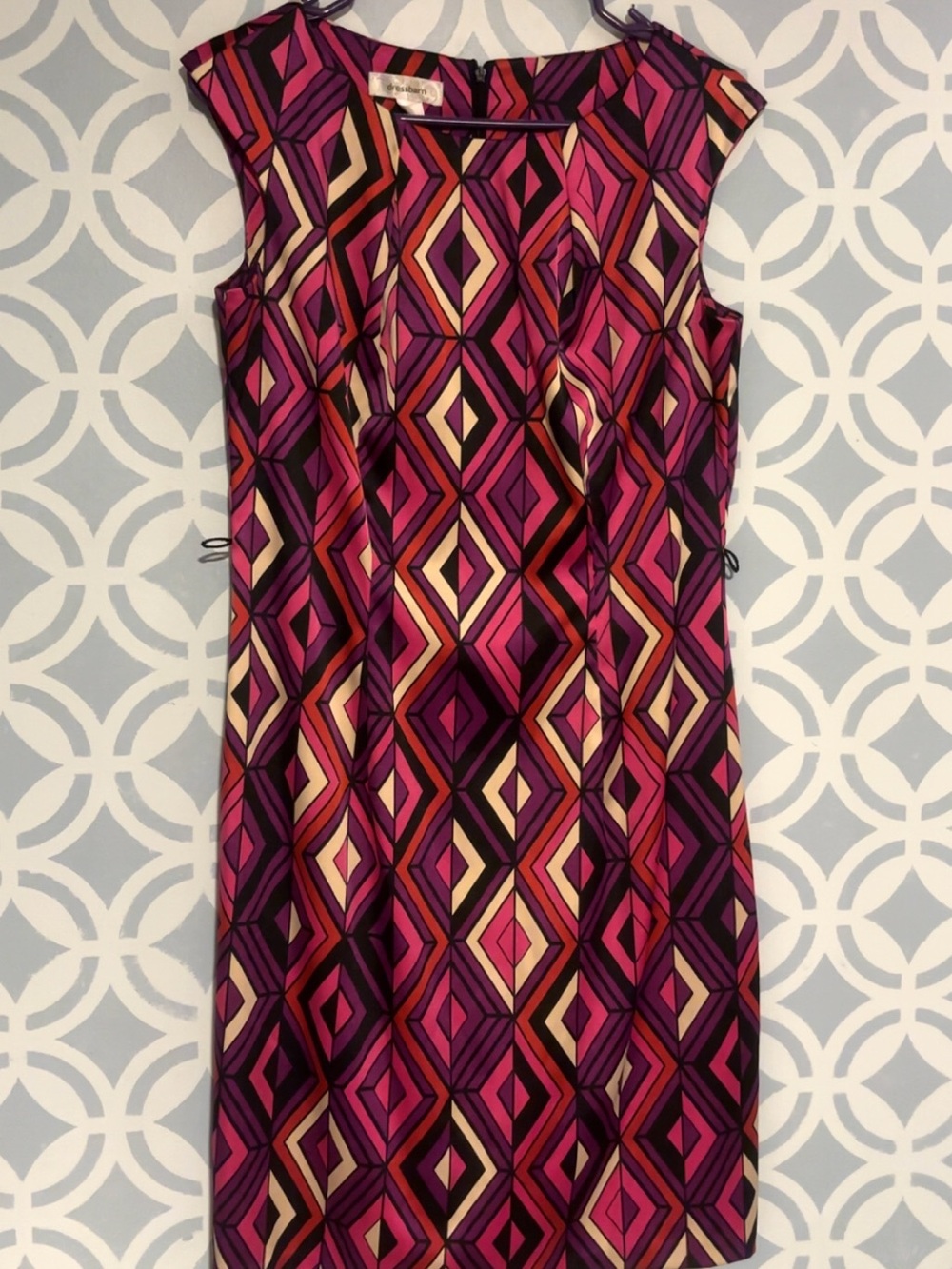 dressbarn Geometric Midi Dress in Pink, Purple, Black & Cream